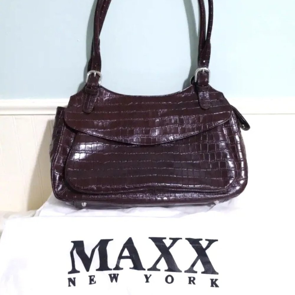 NEW MAXX New York Chestnut Red 100% Croco Embossed Leather Shoulder Bag Purse